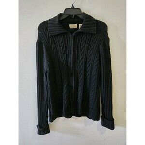 St. John's Bay Women's Cable Knit Sweater Black Zip Front Cuffed Long Sleeves L